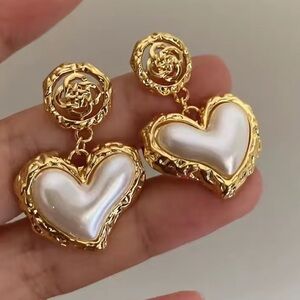 Gold and Pearl Heart Drop Earrings